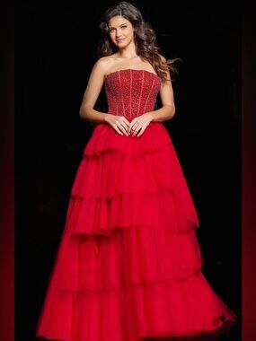 Jovani Red Strapless Tiered Tulle Evening Gown NWT